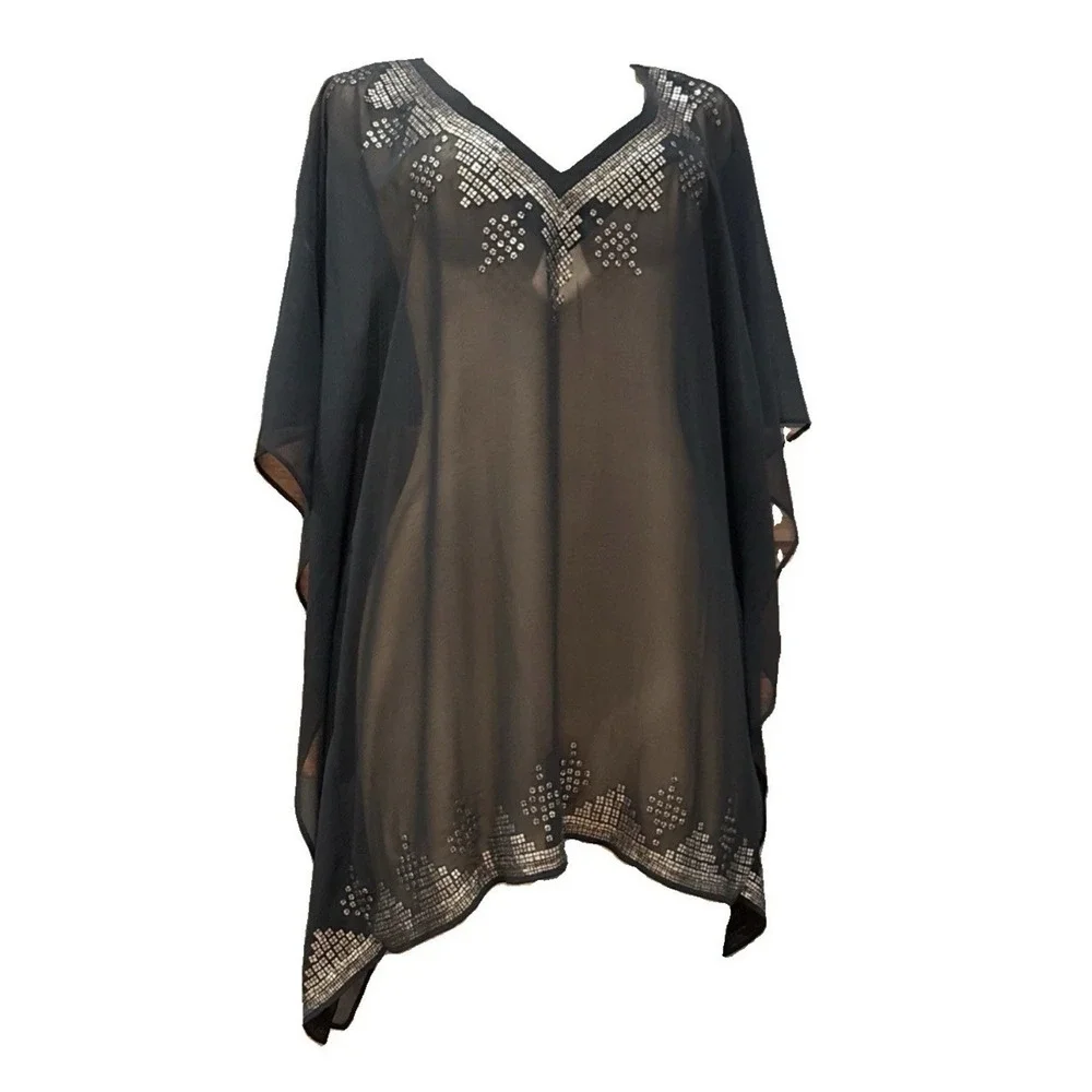 Chicos S/M Blackl With  Small Stones Neckline Sheer Kaftan Cover Up